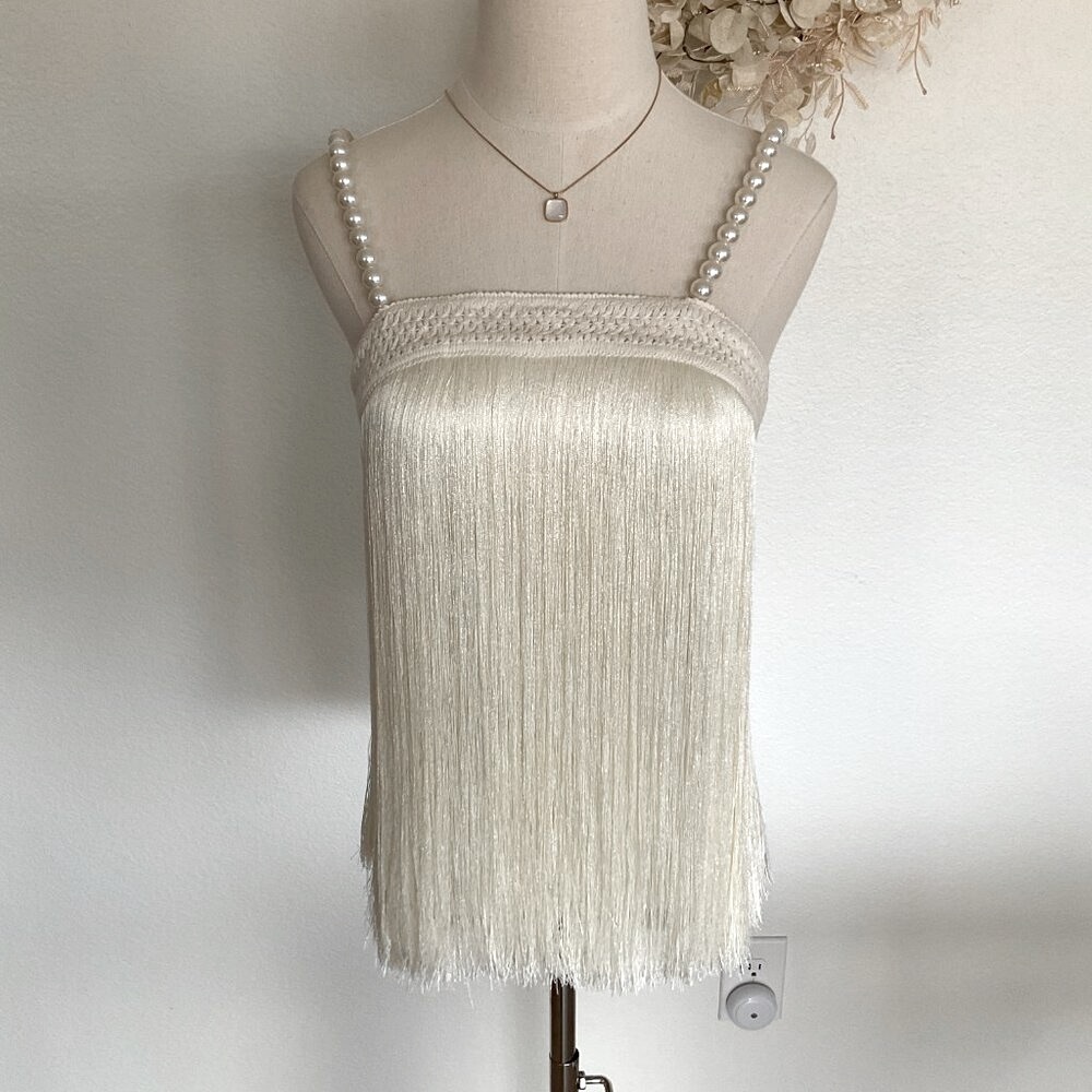 π€ BOSTON PROPER Pearl Embellished Fringe Knit Top Tank Flapper Ivory White - Picture 3 of 15
